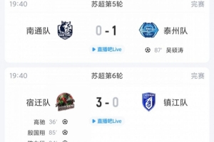 苏超综述：无锡5轮不败仍居第2，镇江5连败0分垫底，泰州绝杀南通